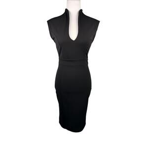 Privy Black Midi V-neckline Bodycon Cocktail Dress Medium